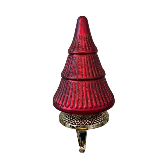 NEIMAN MARCUS Matte Christmas Tree Stocking Holder Holiday Red Glitter New - Picture 4 of 12